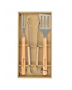 Комплект прибори за барбекю в кутия MasterGrill MG110, 4 бр, Щипка, Вилица, Шпатула, Инокс/дърво