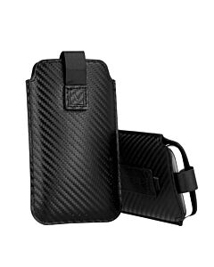 Vennus Carbon Pouch Size 14 - вертикален кожен калъф, тип джоб с лента за издърпване за iPhone 11, iPhone XS, iPhone X, Huawei P40, Galaxy A41, Galaxy S20 и други (черен)