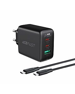 Acefast A13 PD 65W Charger - захранване за ел. мрежа за лаптопи, смартфони и таблети с 2XUSB-C и USB-A изходи и USB-C към USB-C кабел (черен)