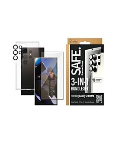 PanzerGlass Safe 3-in-1 Bundle Tempered Glass Protection Set - комплект хибриден кейс, стъклено защитно покритие за дисплея и предпазни стъклени лещи за камерата на Samsung Galaxy S24 Ultra (черен-прозрачен)