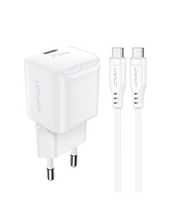 Acefast A73 Mini PD GaN Fast Wall Charger 20W - захранване за ел. мрежа с USB-C изход с технология за бързо зареждане и USB-C към USB-C кабел (бял)