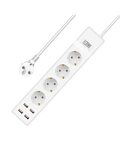Удължител DLFI, 4 гнезда, 250V, 16A, Кабел, 1.5m, 4 x USB F, С ключ, Бял - 17887