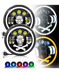 Комплект от 2бр. универсален 7 инча 18см ЛЕД LED фар халоген 12V-24V къси/дълги с DRL дневни светлини мигач бяло-жълто и череп с RGB подсветка с 6 разли