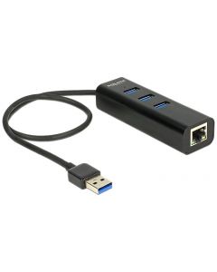 USB хъб Delock, 3 x USB 3.0 + 1 порт Gigabit LAN, Черен
