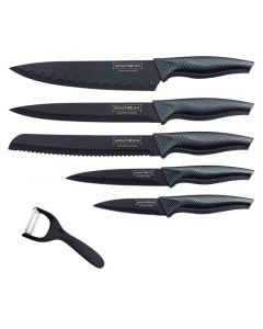 Комплект ножове с белачка Royalty Line RL-CB5, 6 части, Антибактериално покритие, Незалепващо покритие, Черен