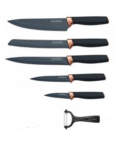 Комплект ножове Royalty Line RL-DC5B, 6 части, Белачка, Незалепващо покритие, Черен/сив