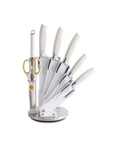 Комплект стоманени ножове Royalty Line RL-WHT8W, 8 ч, Стойка, Незалепващо покритие, Бял