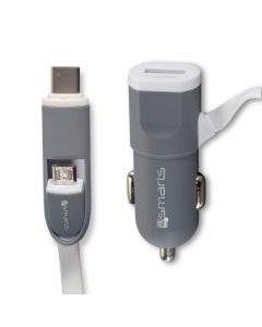4smarts MultiCord Car Charger MicroUSB + USB-C - зарядно за кола с кабел за microUSB и USB-C стандарти (бял-сив)