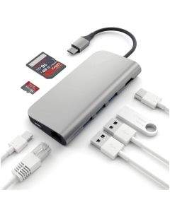 Satechi USB-C Aluminum Multiport Adapter - мултифункционален хъб за свързване на допълнителна периферия за компютри с USB-C (тъмносив)