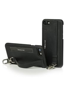 Mike Galeli Back Case JESSE - кожен (естествена кожа) кейс с въже за ръката и джоб за кредитна карта за iPhone SE (2022), iPhone SE (2020), iPhone 8, iPhone 7 (черен)