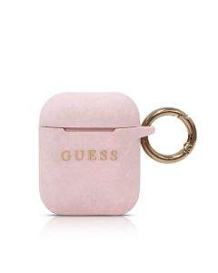 Guess Airpods Silicone Case - силиконов калъф с карабинер за Apple Airpods (светлорозов)