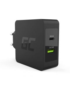 Green Cell Wall Charger USB-C 45W PD - захранване за ел. мрежа с USB и USB-C изходи и USB-C кабел за лаптопи и мобилни устройства (черен)