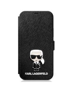 Karl Lagerfeld Saffiano Ikonik Booktype Leather Case - дизайнерски кожен калъф, тип портфейл за iPhone 12 mini (черен)