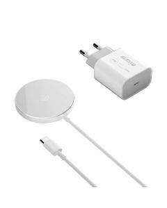 Dudao USB-C Magnetic Wireless Qi Charger 15W with 20W wall charger - поставка (пад) за безжично зареждане и захранване за ел. мрежа за iPhone с Magsafe (бял)