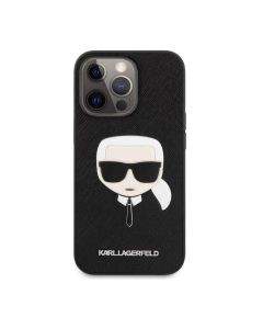 Karl Lagerfeld Saffiano Karl Head Leather Case - дизайнерски кожен кейс за iPhone 13 Pro (черен)