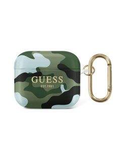 Guess Airpods 3 Silicone Case Camo Collection - силиконов калъф с карабинер за Apple Airpods 3 (зелен)