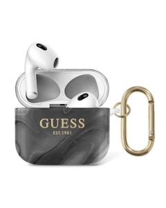 Guess AirPods 3 Shiny Marble Silicone Case - силиконов калъф с карабинер за Apple Airpods 3 (черен)