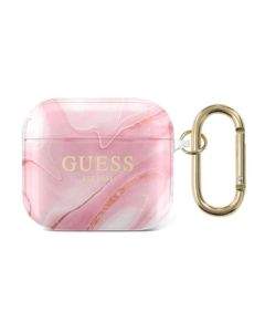 Guess AirPods 3 Shiny Marble Silicone Case - силиконов калъф с карабинер за Apple Airpods 3 (розов)