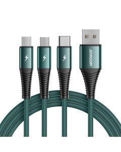 Joyroom 3-in-1 Charging Cable - универсален USB кабел с Lightning, microUSB и USB-C конектори (120 см) (зелен)