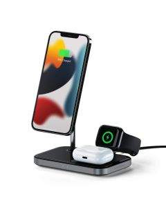 Satechi 3-in-1 Magnetic Wireless Charging Stand - тройна поставка (пад) за безжично зареждане за iPhone с Magsafe, Apple Watch и AirPods Pro (тъмносив)
