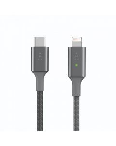 Belkin Boost Charge Smart LED USB-C to Lightning Cable - MFI сертифициран USB-C към Lightning кабел за Apple устройства с Lightning порт (120 см) (сив)