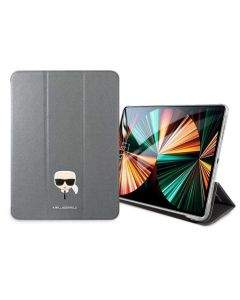 Karl Lagerfeld Saffiano Karl Head Folio Case - дизайнерски кожен кейс с поставка за iPad Pro 11 (2021), iPad Pro 11 (2020), iPad Pro 11 (2018) (сребрист)