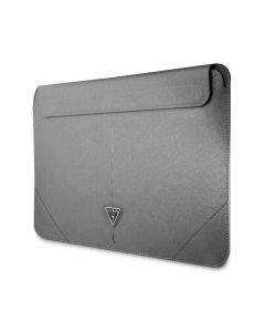 Guess Saffiano Triangle Metal Logo Notebook Sleeve - дизайнерски луксозен кожен калъф за MacBook Air 13, MacBook Pro 13, MacBook Pro 14 и лаптопи до 14 инча (сребрист)