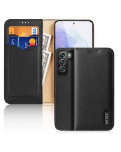 Dux Ducis Hivo Genuine Leather Flip Wallet Case - кожен калъф от естествена кожа с поставка и отделение за кр. карти за Samsung Galaxy S22 Plus (черен)