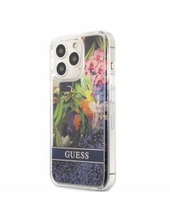Guess Liquid Glitter Flower Case - дизайнерски кейс с висока защита за iPhone 13 Pro (син)