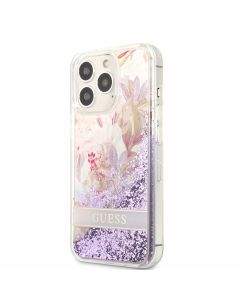 Guess Liquid Glitter Flower Case - дизайнерски кейс с висока защита за iPhone 13 Pro (лилав)