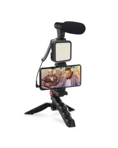 Platinet Vlog 4-in-1 Set PMVG4IN1 - LED лампа с трипод, микрофон и държач за смартфони (черен)