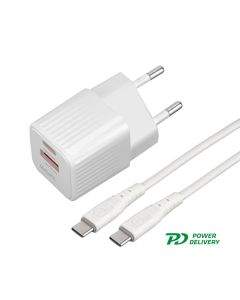 4smarts Wall Charger VoltPlug Duos Mini PD 20W and USB-C Cable - захранване за ел. мрежа с USB-A и USB-C изходи с технология за бързо зареждане и USB-C към USB-C кабел (150 см) (бял)