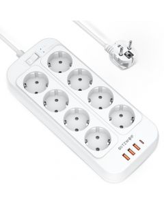 Blitzwolf 8 AC Outlets With USB-A and USB-C Ports Extension Power Strip 2500W - разклонител с 3xUSB-A и 1хUSB-C порта и 8хAC изхода (бял)