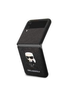 Karl Lagerfeld Saffiano Ikonik Leather Case - дизайнерски кожен кейс за Samsung Galaxy Z Flip 4 (черен)