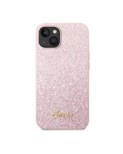 Guess Glitter Flakes Metal Logo Case - хибриден удароустойчив кейс за iPhone 14 (розов)