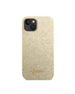 Guess Glitter Flakes Metal Logo Case - хибриден удароустойчив кейс за iPhone 14 Plus (златист)