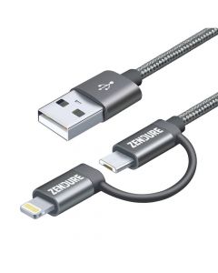 Zendure Braided 2in1 Universal MFI Cable - качествен USB-A кабел с Lightning и microUSB конектори (30 см) (сив)