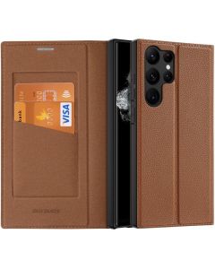 Dux Ducis Skin X2 Case - кожен калъф с поставка и отделение за кр. карти за Samsung Galaxy S23 Ultra (кафяв)