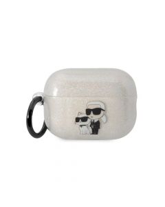 Karl Lagerfeld AirPods Pro 2 Glitter 3D Logo NFT Karl and Choupette Silicone Case - силиконов калъф с карабинер за Apple AirPods Pro 2 (бял)