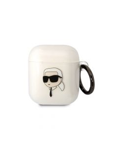 Karl Lagerfeld AirPods 3D Logo NFT Karl Head Silicone Case - силиконов калъф с карабинер за Apple AirPods и Apple AirPods 2 (бял)