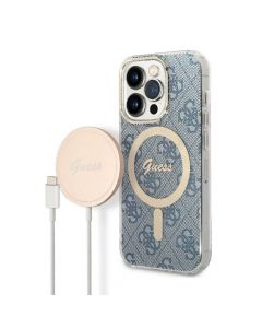 Guess 4G Printed Stripe MagSafe Case With MagSafe Wireless Charger Set - комплект хибриден удароустойчив кейс с MagSafe и поставка (пад) за безжично зареждане за iPhone 14 Pro (син)