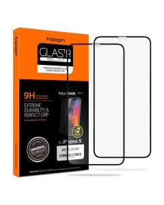 Spigen FC HD Tempered Glass 2 Pack - 2 броя стъклени защитни покрития за дисплея за iPhone 11 Pro, iPhone XS, iPhone X (черен-прозрачен)