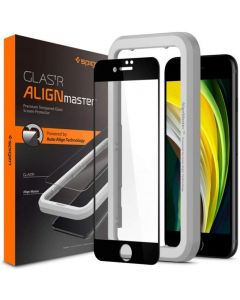 Spigen Glass.Tr Align Master Full Cover Tempered Glass - калено стъклено защитно покритие за целия дисплей на iPhone SE (2022), iPhone SE (2020), iPhone 8, iPhone 7 (черен-прозрачен)