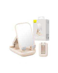 Baseus Seashell Folding Stand With Mirror (B10551501411-00) - универсална сгъваема поставка с вградено огледало за бюро и плоскости за мобилни устройства и таблети (розов)