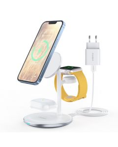 Choetech 3in1 Inductive Wireless Charging Station - тройна поставка (пад) за безжично зареждане за iPhone с Magsafe, Apple Watch и AirPods (бял)