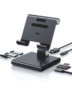 ESR 8in1 Universal Portable Stand USB-C Hub 100W PD - сгъваема алуминиева поставка с вграден USB-C хъб за таблети до 12.9 инча (тъмносив)