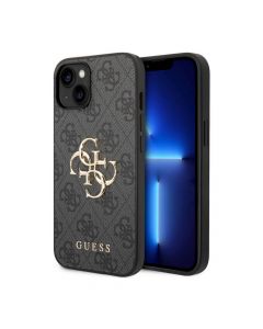 Guess PU 4G Metal Logo Leather Hard Case - дизайнерски кожен кейс за iPhone 15 (сив)