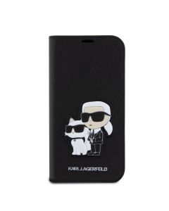 Karl Lagerfeld PU Saffiano Karl and Choupette NFT Book Case - дизайнерски кожен калъф, тип портфейл за iPhone 15 Pro (черен)