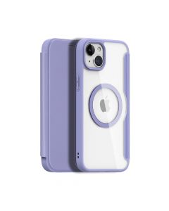 Dux Ducis Skin X Pro Magnetic Wallet Case - удароустойчив хибриден кожен кейс с отделение за карти и MagSafe за iPhone 15 (лилав-прозрачен)