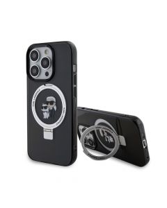 Karl Lagerfeld Ringstand Karl and Choupette MagSafe Case - хибриден удароустойчив кейс с MagSafe за iPhone 15 Pro (черен-прозрачен)